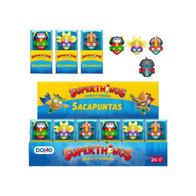 Display Dohe Superthings com 24 apontadores de lápis - PVC - Lâmina de aço - Formatos variados