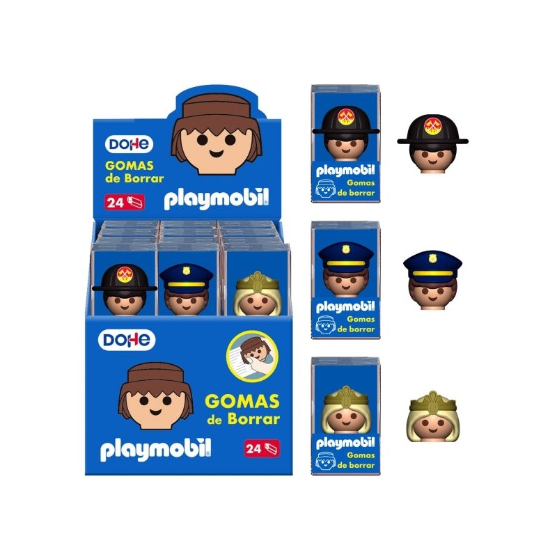 Dohe Playmobil Présentoir de 24 Gommes - En PVC - Décoré Playmobil Police, Pompier et Princesse