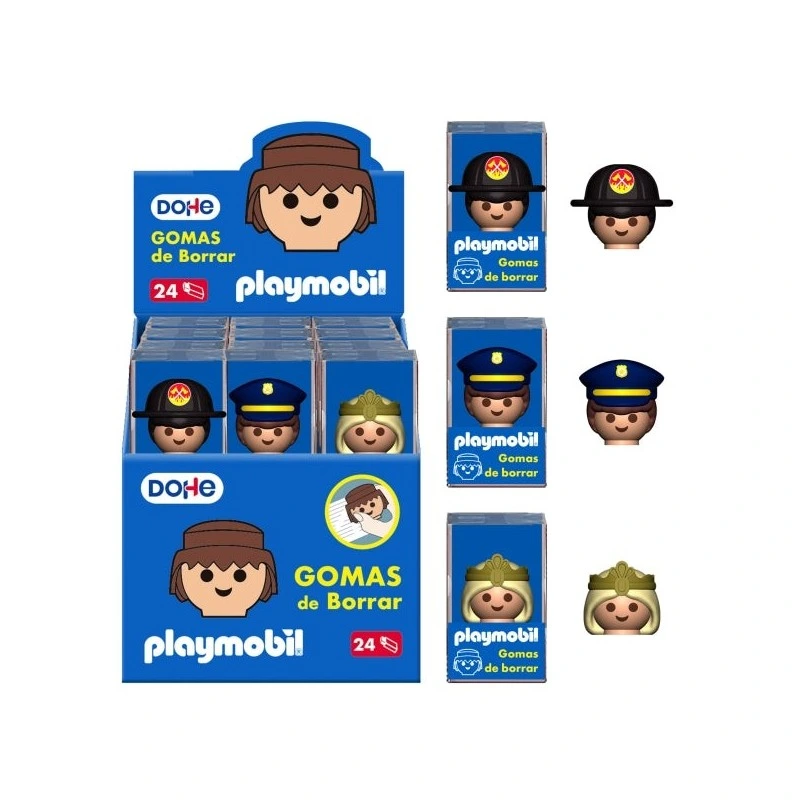 Dohe Playmobil Présentoir de 24 Gommes - En PVC - Décoré Playmobil Police, Pompier et Princesse