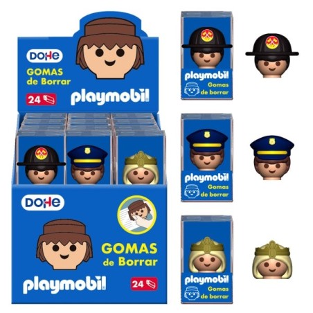 Dohe Playmobil Display of 24 Erasers - Made of PVC - Decorated Playmobil Police, Fireman and Princess