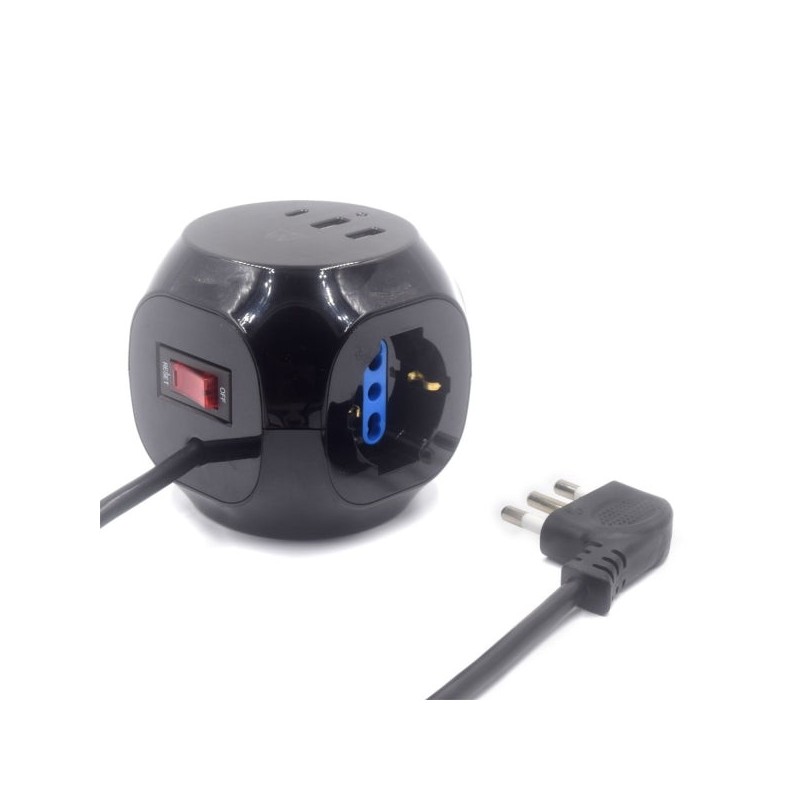 Ewent Power Strip with 6 Cube-Shaped Tabletop Outlets - 3 L/F Outlets (Schuko) - 2x USB-A - 1x USB-C - Flat Angled Italian Plug