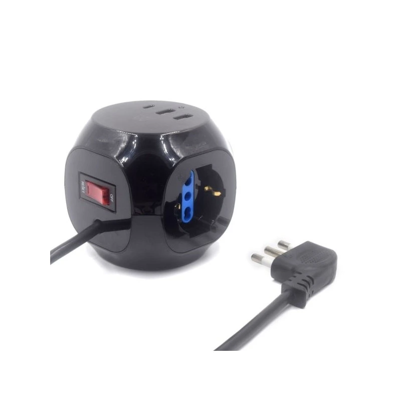 Ewent Power Strip with 6 Cube-Shaped Tabletop Outlets - 3 L/F Outlets (Schuko) - 2x USB-A - 1x USB-C - Flat Angled Italian Plug