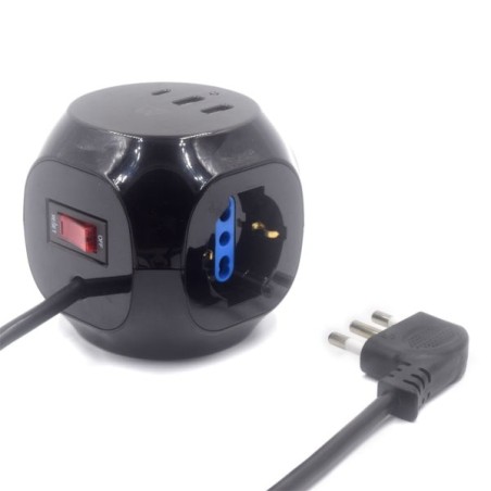 Ewent Power Strip with 6 Cube-Shaped Tabletop Outlets - 3 L/F Outlets (Schuko) - 2x USB-A - 1x USB-C - Flat Angled Italian Plug