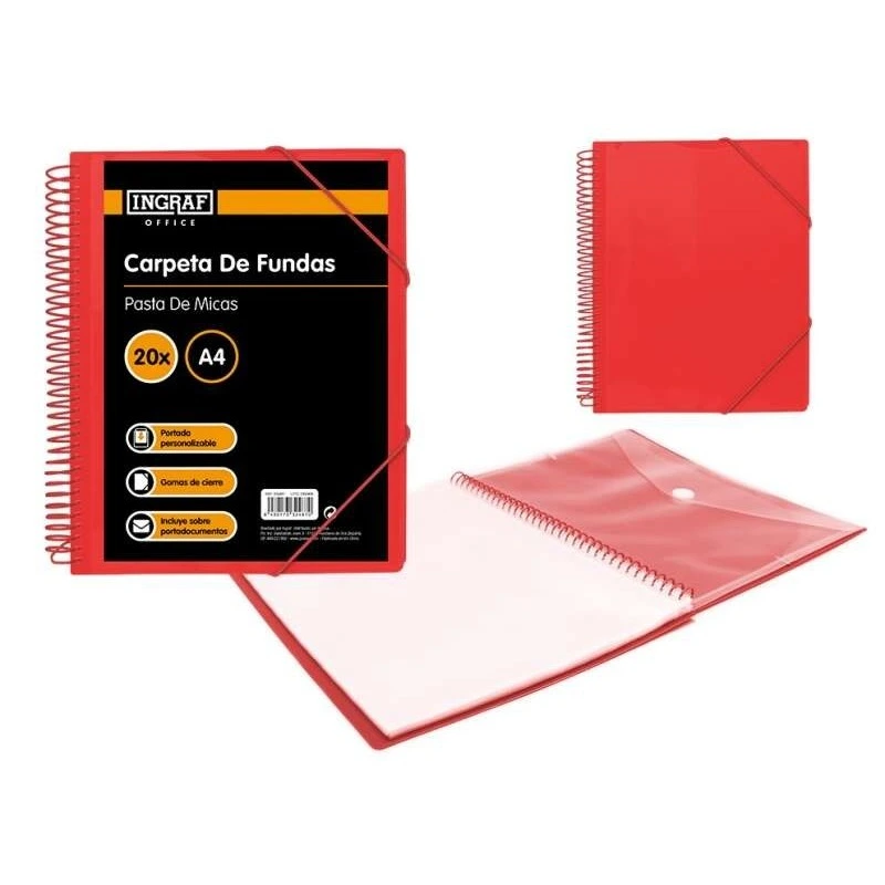 Ingraf Display Book 20 A4 Pockets + Press Stud Envelope - Non-Deforming Plastic Spiral - 360 Degree Opening - Customisable