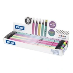 Milan Sunset Présentoir avec 24 Crayons Graphite HB - Gomme Incorporée - Forme Ronde - Couleurs Assorties