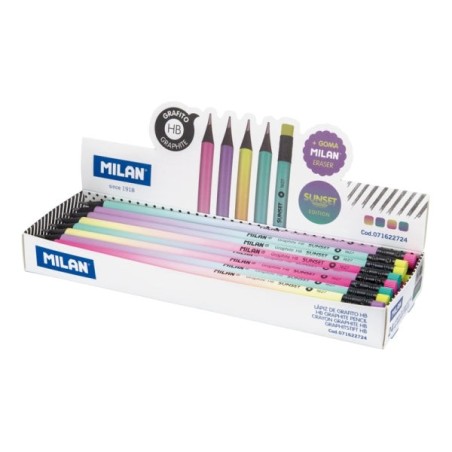 Milan Sunset Présentoir avec 24 Crayons Graphite HB - Gomme Incorporée - Forme Ronde - Couleurs Assorties