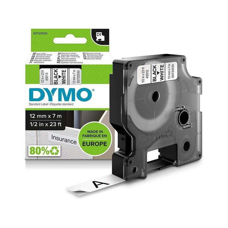 Dymo D1 45013 Cinta de Etiquetas Original para Rotuladora - Texto negro sobre fondo blanco - Ancho 12mm x 7 metros - S0720530