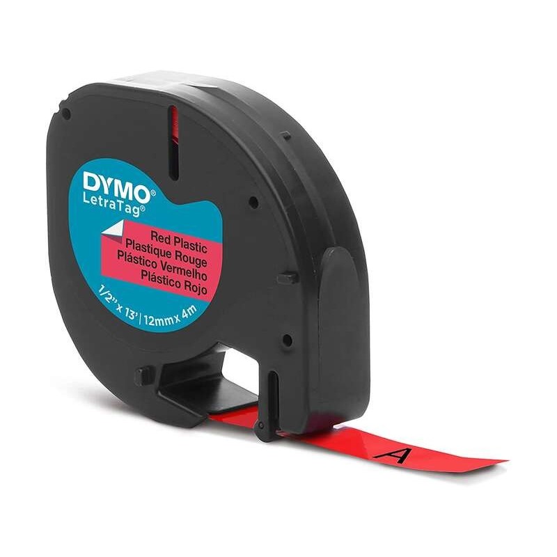 Dymo LetraTag S0721630 Cinta de Etiquetas Original para Rotuladora - Texto negro sobre fondo rojo - Ancho 12mm x 4 metros