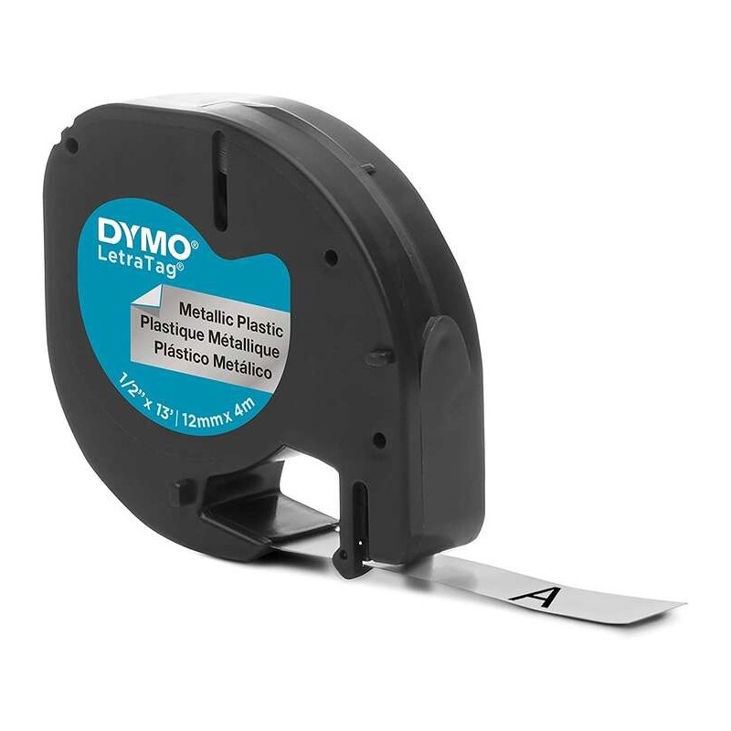 Dymo LetraTag S0721730 Cinta de Etiquetas Original para Rotuladora - Texto negro sobre fondo metalico - Ancho 12mm x 4 metros