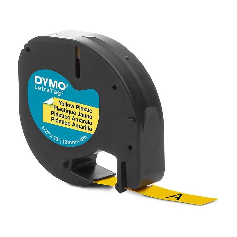 Dymo LetraTag S0721620 Cinta de Etiquetas Original para Rotuladora - Texto negro sobre fondo amarillo - Ancho 12mm x 4 metros