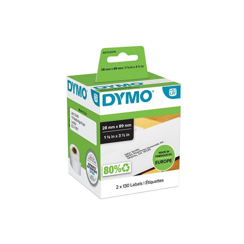 Dymo 99010 Pack de 2 Rouleaux d'Étiquettes Originales pour Étiqueteuse - 130 Étiquettes par Rouleau - Dimensions 28mm x 89mm