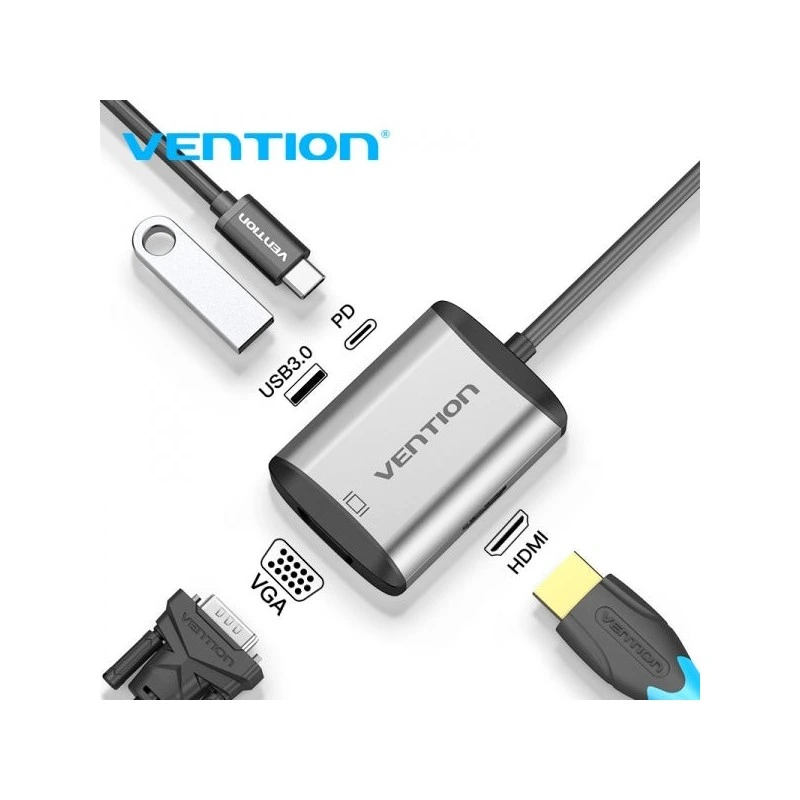 Vention 4-in-1 Docking Station USB-C to HDMI/VGA/USB3.0/PD87W - 0.15m - Grey Colour