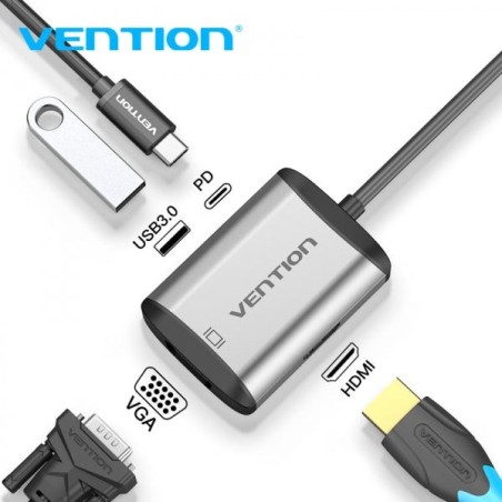 Vention 4-in-1 Docking Station USB-C to HDMI/VGA/USB3.0/PD87W - 0.15m - Grey Colour
