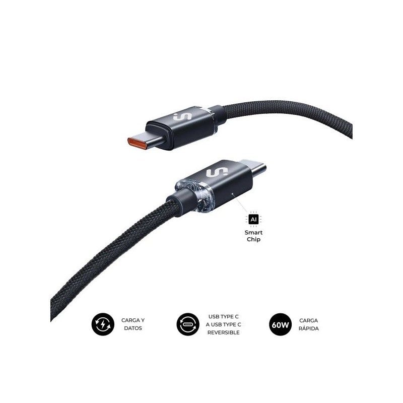 Subblim Optimus USB-C Cable - 60W - Braided Nylon - 480Mbps - 2 Metres - Black