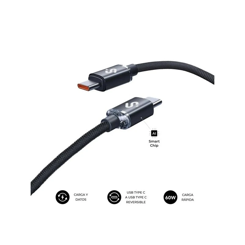 Subblim Optimus USB-C Cable - 60W - Braided Nylon - 480Mbps - 2 Metres - Black