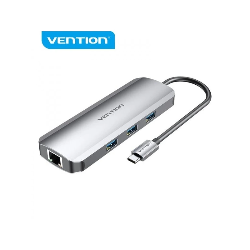Vention Docking Station 9 en 1 USB-C vers HDMI 4K/3xUSB3.0/RJ45/Lecteur SD/MicroSD/Jack Audio/PD100W - 0.15m - Couleur Gris