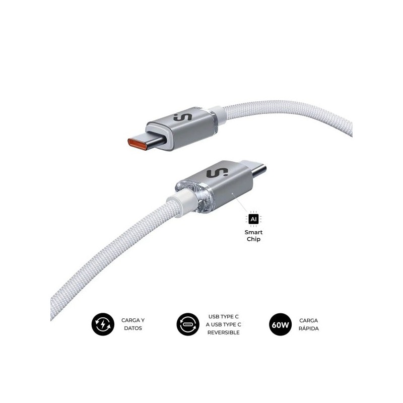 Subblim Câble Optimus USB-C - 60W - Nylon Tressé - 480Mbps - 1 Mètre - Couleur Blanc