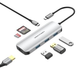 Vention 7-in-1 Docking Station USB-C to HDMI 4K/3xUSB3.0/SD/TF/PD100W - 0.15m - Grey Colour