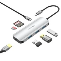 Vention 7-in-1 Docking Station USB-C to HDMI 4K/3xUSB3.0/SD/TF/PD100W - 0.15m - Grey Colour