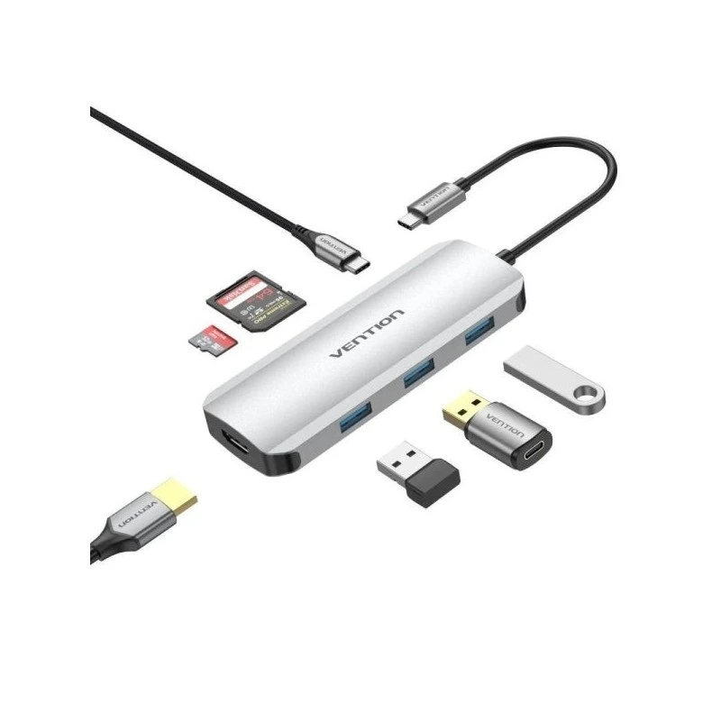 Vention 7-in-1 Docking Station USB-C to HDMI 4K/3xUSB3.0/SD/TF/PD100W - 0.15m - Grey Colour