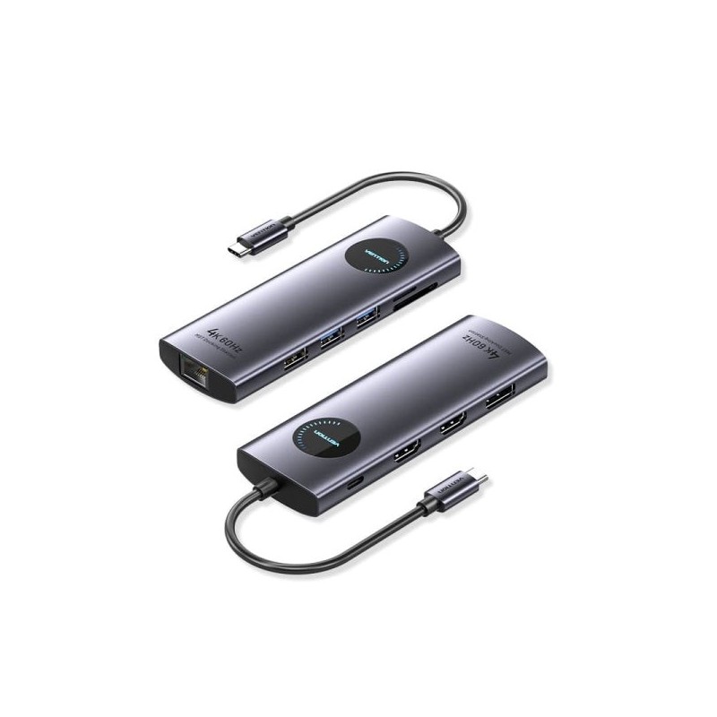 Vention Station d'Accueil 10 en 1 - 100W - Câble USB-C de 15cm Intégré - 2xHDMI 4K - Ethernet RJ45 - Displayport - USB-C