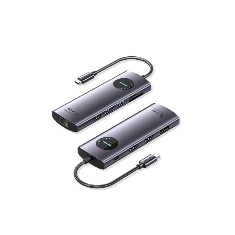 Vention Station d'Accueil 10 en 1 - 100W - Câble USB-C de 15cm Intégré - 2xHDMI 4K - Ethernet RJ45 - Displayport - USB-C