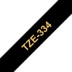 Brother TZe334 Compatible Laminated Label Tape - Gold Text on Black - Width 12mm x 8 metres