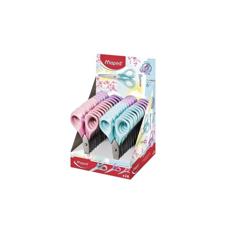 Maped Sensoft School Scissors Round Tip 13cm - Stainless Steel Blades - Symmetrical Plastic Handle - Assorted Pastel Colours