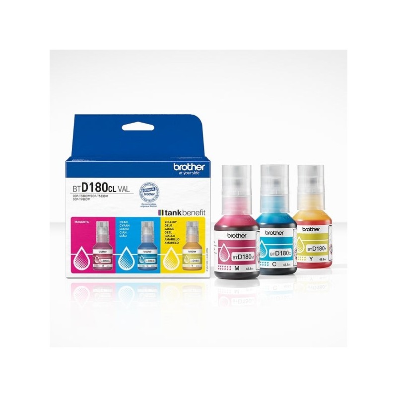 Brother BTD180CLVAL Pack de 3 Botellas de Tinta Original Cyan, Magenta y Amarillo - BTD180CLVAL