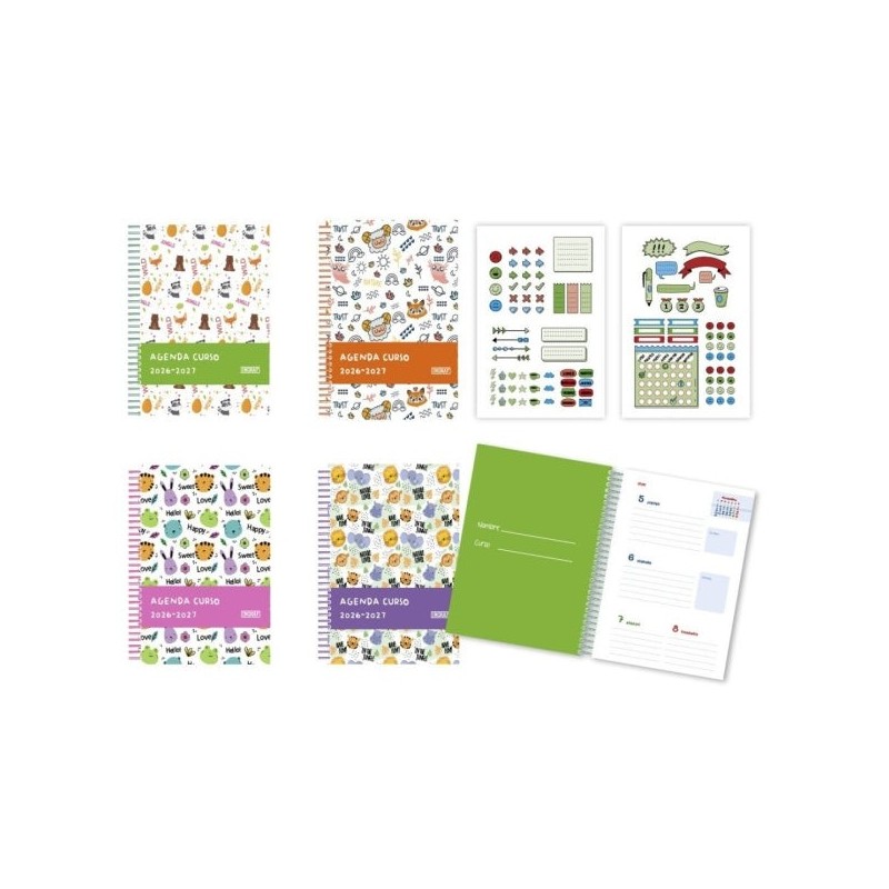 Bismark Animals Agenda Escolar 26-27 Semana Vista A5 - Tapa de Carton Forrada - Hojas Interiores de Color - Planning Mensual