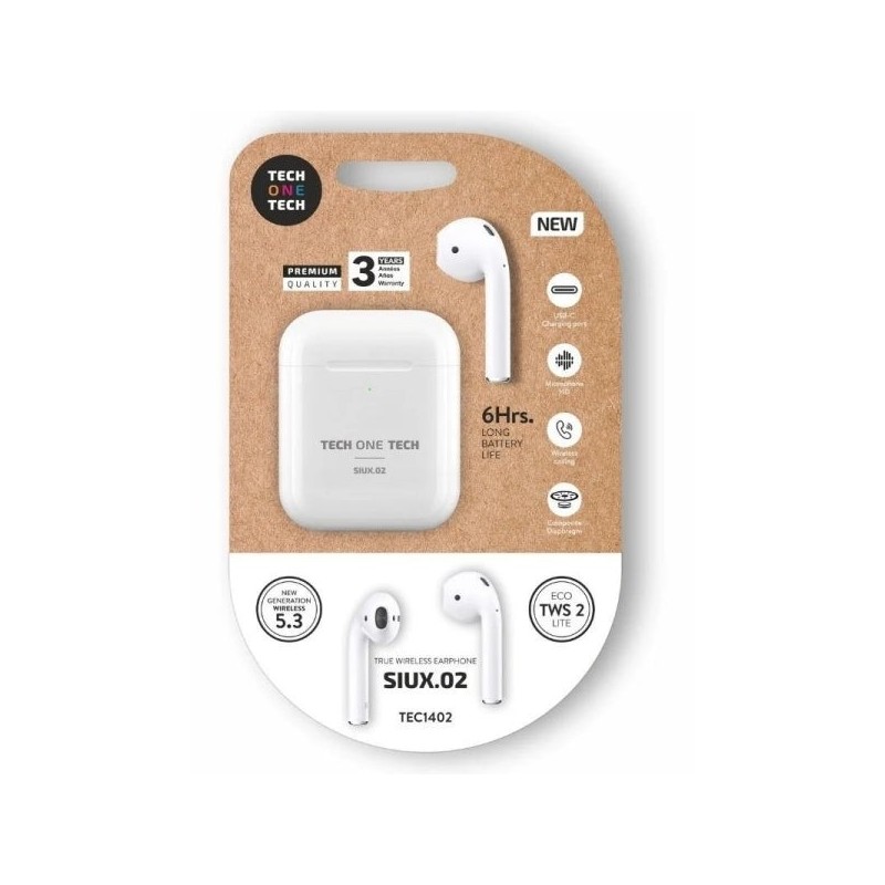 TechOneTech SIUX.02 Auriculares Inalambricos Bluetooth TWS - Hasta 20h de Reproduccion - IPX5 - Color Blanco