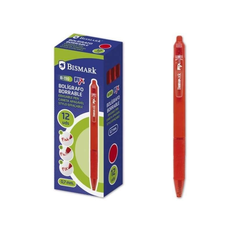 Bismark Fix Retractable Erasable Ballpoint Pen - Fine 0.7mm Tip - With Clip - Colour Red