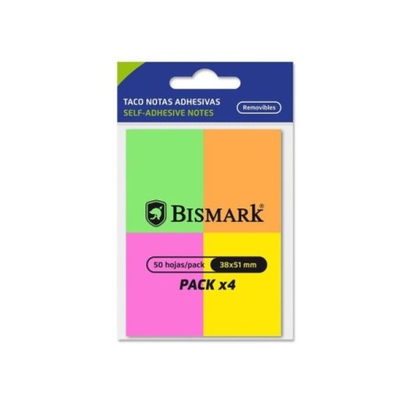 Bismark Pack of 4 Pads of 50 Sticky Notes 38x51mm - 4 Neon Colours