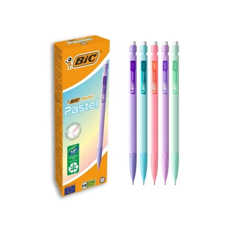 Bic Matic Pastel Mechanical Pencil 0.7mm HB with Eraser - Retractable Tip - Assorted Pastel Colour Barrels