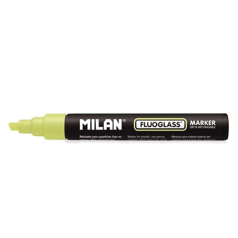 Milan Fluoglass Marker for Smooth Surfaces - Bevelled Tip - 2 - 4mm Line - Water-Based Ink - Easy to Erase - Yellow