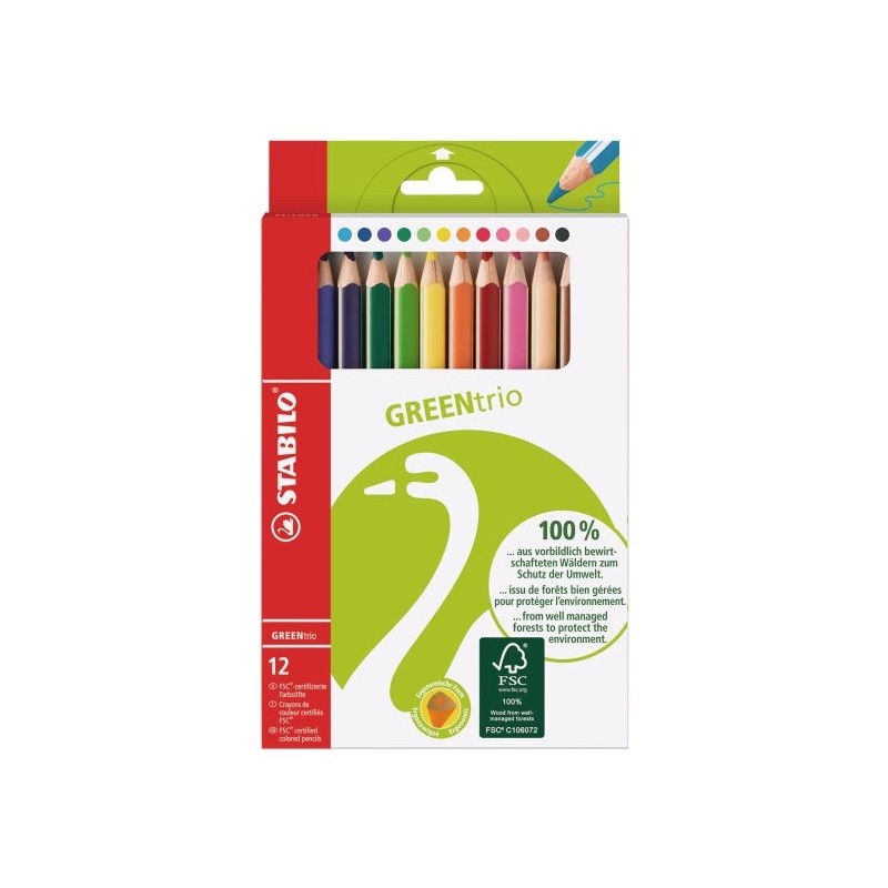 Stabilo GREENtrio Pack com 12 Lápis de Cor - Mina de 2.5mm - Ideal para a Escola - Cores Sortidas