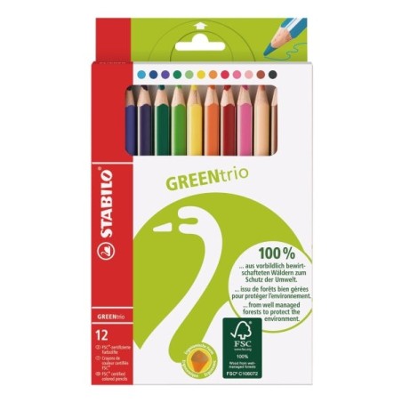 Stabilo GREENtrio Pack of 12 Colouring Pencils - 2.5mm Lead - Ideal for School - Assorted Colours
