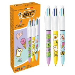 Bic 4 Colours Decors Kawaii Esferográfica Retrátil - Ponta Média de 1.0mm - Tinta à Base de Óleo - Corpo Decorado com Desenhos