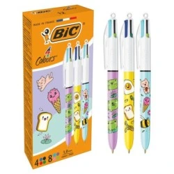 Bic 4 Colours Decors Kawaii Stylo à Bille Rétractable - Pointe Moyenne de 1.0mm - Encre à Base d'Huile - Corps Décoré de Motifs