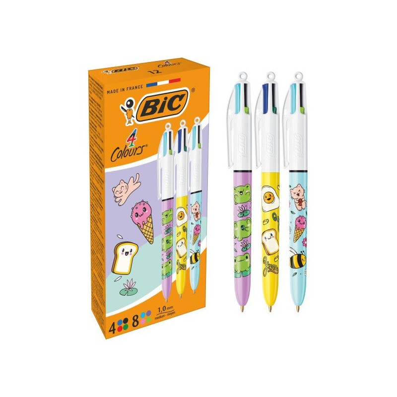 Bic 4 Colours Decors Kawaii Stylo à Bille Rétractable - Pointe Moyenne de 1.0mm - Encre à Base d'Huile - Corps Décoré de Motifs