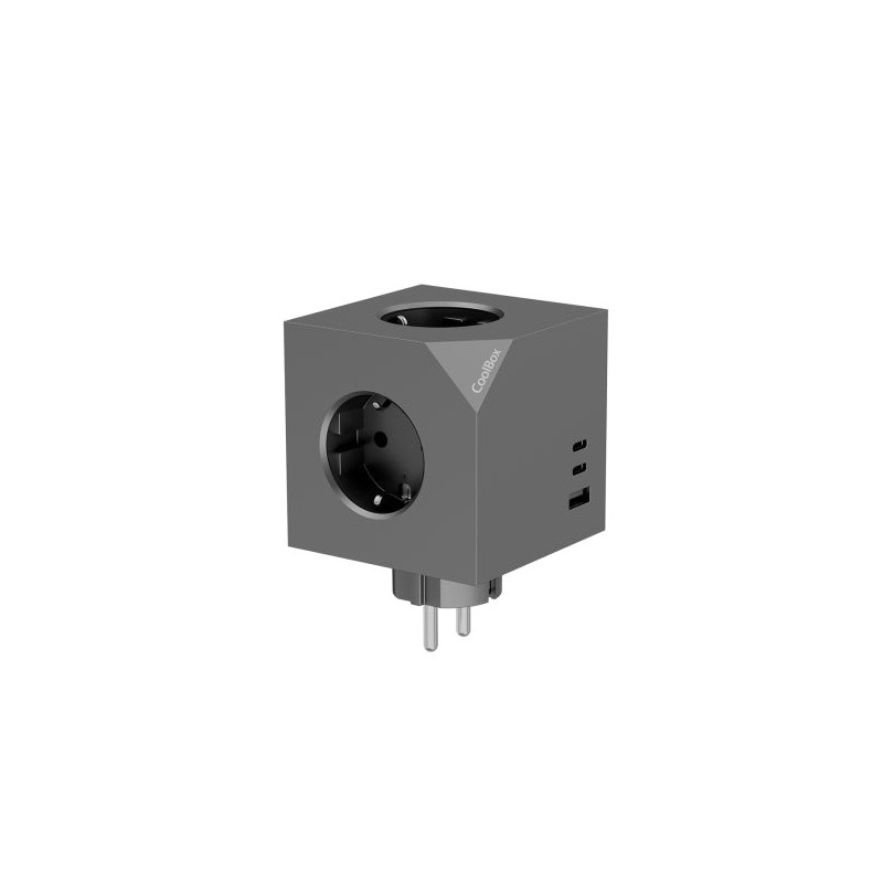Coolbox Cubik Cubo Multienchufes con 3 Tomas + 2x USB-C 20W max. - 1x USB-A 15W max. - Color Gris