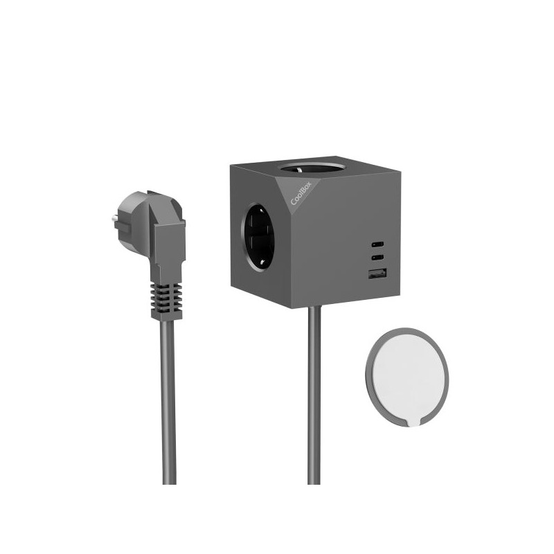 Coolbox Cubik Magnet Cubo Multitomadas de Secretária com 3 Tomadas + 2x USB-C 20W máx. - 1x USB-A 15W máx. - Cabo de 1,4m