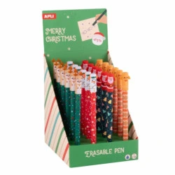 Apli Navidad Expositor con 24 Boligrafos de Tinta Gel Borrables - Trazo 0.7mm - 4 Divertidos Diseños Navideños - Tinta de Color