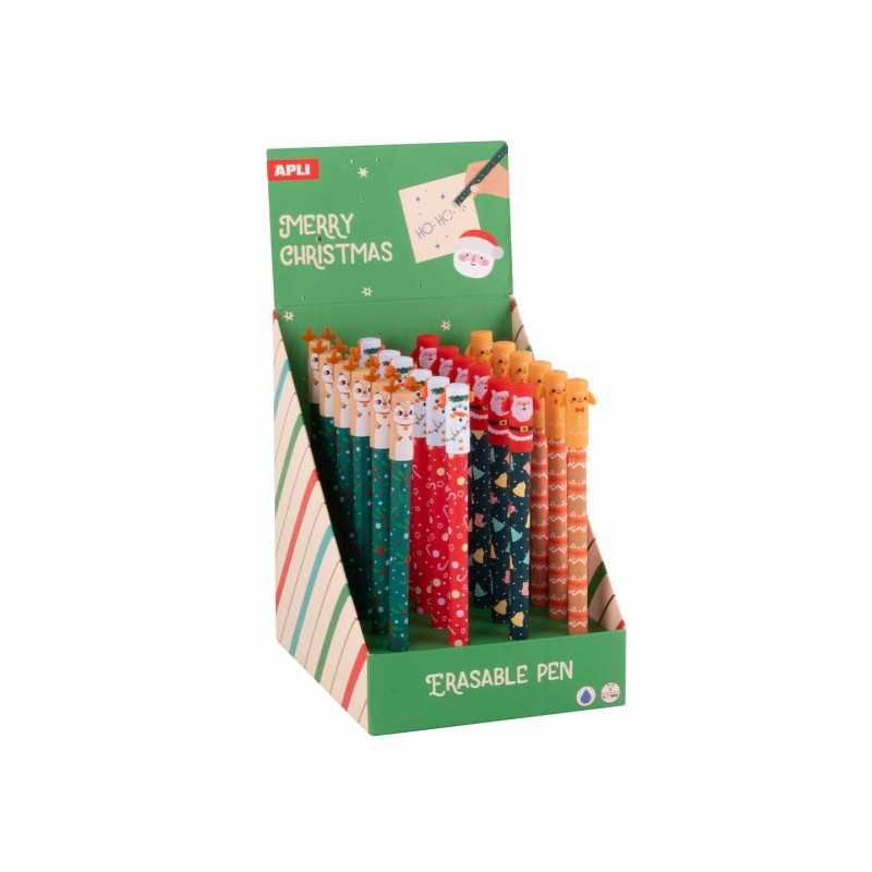Apli Navidad Expositor con 24 Boligrafos de Tinta Gel Borrables - Trazo 0.7mm - 4 Divertidos Diseños Navideños - Tinta de Color