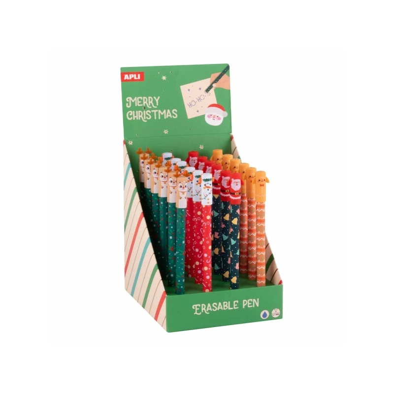 Apli Navidad Expositor con 24 Boligrafos de Tinta Gel Borrables - Trazo 0.7mm - 4 Divertidos Diseños Navideños - Tinta de Color