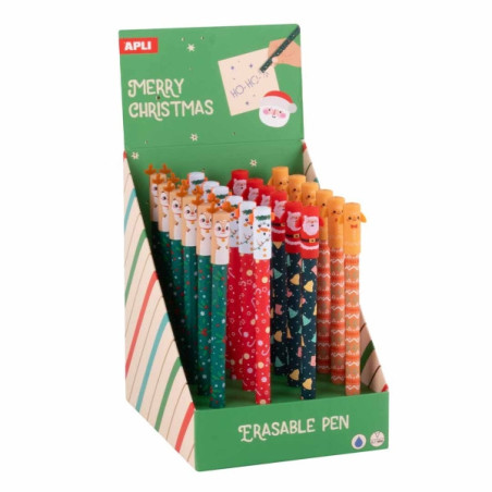 Apli Navidad Expositor con 24 Boligrafos de Tinta Gel Borrables - Trazo 0.7mm - 4 Divertidos Diseños Navideños - Tinta de Color