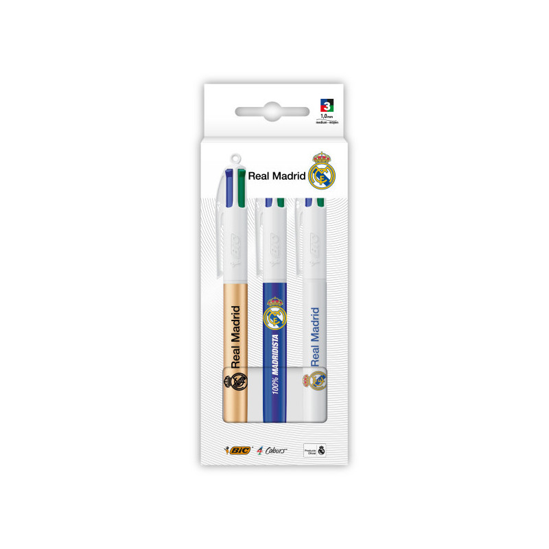 Bic 4 Colours Real Madrid CF Pack con 3 Boligrafos de Bola Retractil - 3 Diseños Diferentes - Punta Media de 1.0mm