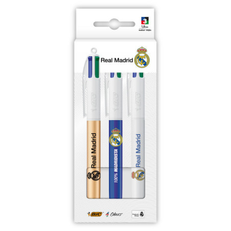 Bic 4 Colours Real Madrid CF Pack con 3 Boligrafos de Bola Retractil - 3 Diseños Diferentes - Punta Media de 1.0mm