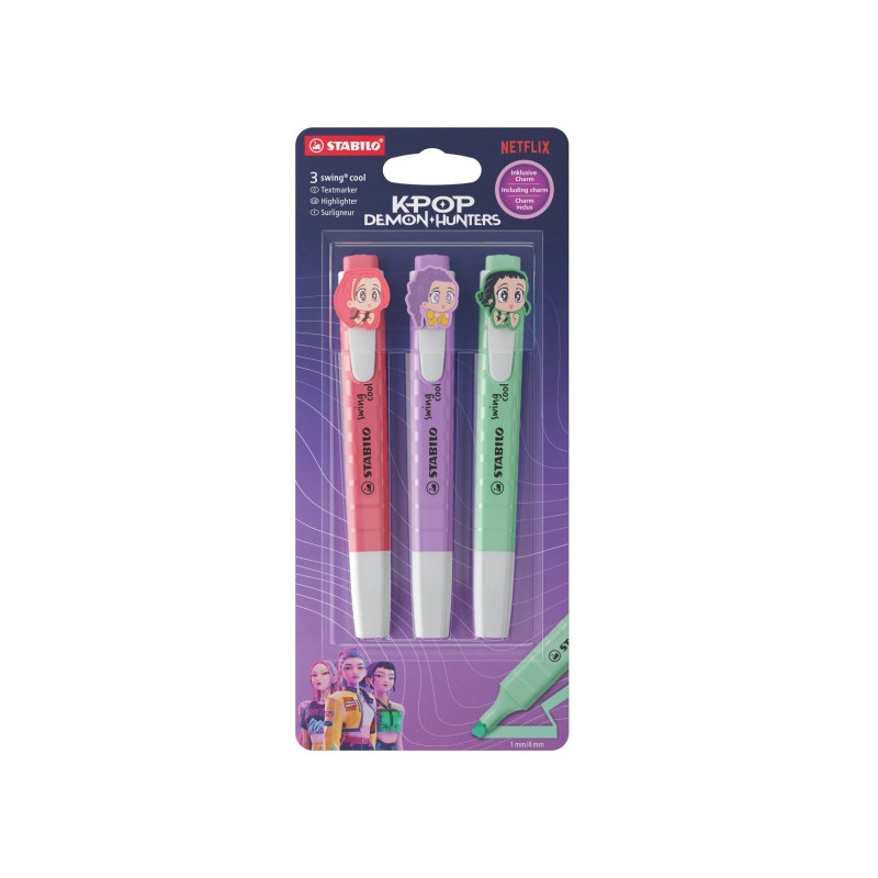 Stabilo Swing Cool K-Pop Demon Hunters Pack con 3 Marcadores - Cuerpo Plano - Punta Biselada - Trazo entre 1 y 4mm - Tinta con B