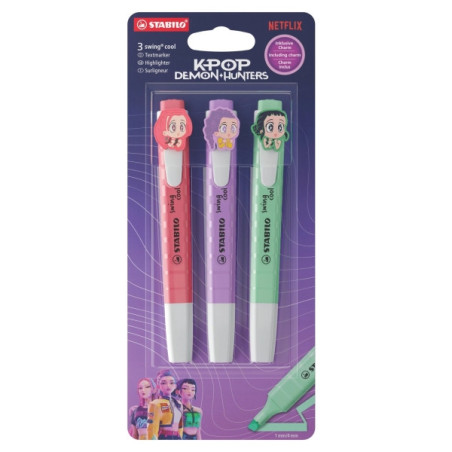 Stabilo Swing Cool K-Pop Demon Hunters Pack con 3 Marcadores - Cuerpo Plano - Punta Biselada - Trazo entre 1 y 4mm - Tinta con B